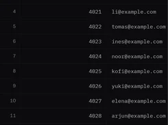 Database table data grid showing IDs and customer_email values, with pending-change review controls.