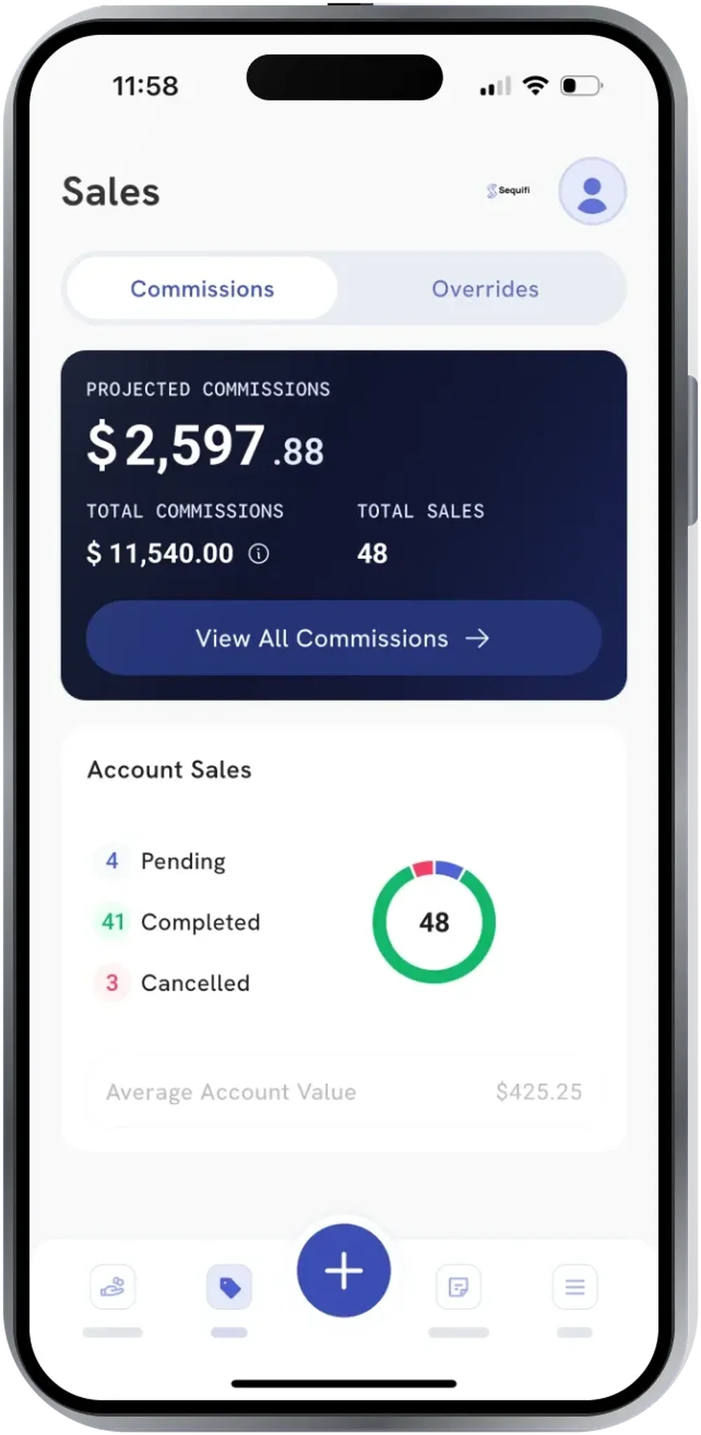 Sequifi mobile Sales dashboard showing Commissions and Overrides tabs, projected commissions, total commissions, total sales, account-sales counts, and a donut chart.