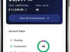 Sequifi mobile Sales dashboard showing Commissions and Overrides tabs, projected commissions, total commissions, total sales, account-sales counts, and a donut chart.