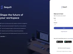 Sequifi sign-in page with email and password fields, a Sign In button, mobile-app download badges, and commission-management feature text.