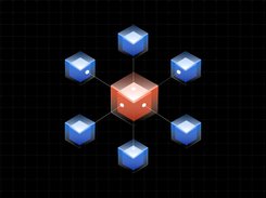 Central orange cube connected by lines to six smaller blue cubes on a dark grid background.
