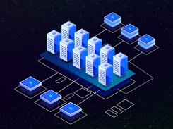 Isometric diagram of multiple server towers and stacked nodes connected by white network lines.