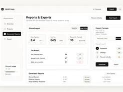 SERP Daily Reports & Exports dashboard showing shared-report metrics, top-moving keywords, export formats, and generated reports.