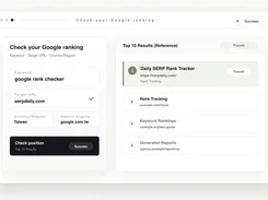 SERP Daily rank-checking interface with fields for a keyword, target URL, country/region, and search engine, alongside a top-10 Google results list.