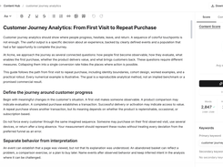 SERPY Content Hub editor displaying an article titled “Customer Journey Analytics: From First Visit to Repeat Purchase” alongside a content-score panel and optimization controls.