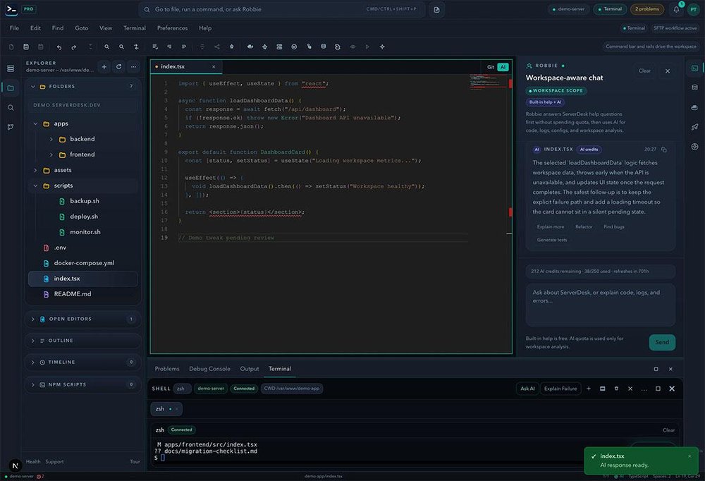 Complete browser workspace for server management, development and AI assistance