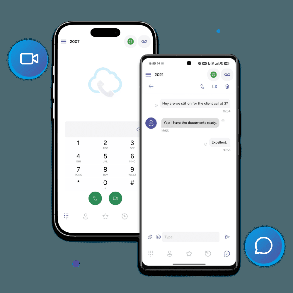 Composite showing two smartphone screens of a communications app: one displays a dial pad for extension 2007 and the other shows a chat with extension 2021, call controls, and sample messages.
