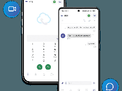 Composite showing two smartphone screens of a communications app: one displays a dial pad for extension 2007 and the other shows a chat with extension 2021, call controls, and sample messages.