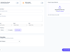 Property setup form with rental options, address fields, rent-frequency controls, amenities selector, image upload area, and Save & Continue button.