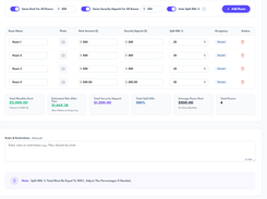 Rooms and Pricing interface listing four rooms, rent and deposit fields, bill-split percentages, occupancy status, and rental summary cards.