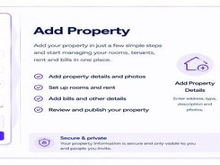 Feature graphic titled "Add Property" showing a property form and steps for details, rooms and rent, and review and publish.