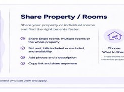 Feature graphic titled "Share Property / Rooms" showing room listing controls, sharing instructions, and three sharing steps.