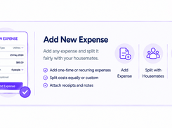 Feature graphic titled "Add New Expense" showing an expense form and steps to add, split, and track an expense.