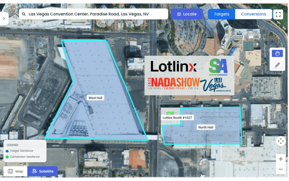 Shared Audiences map interface showing satellite imagery of the Las Vegas Convention Center, outlined target and conversion geofences, and labels for Lotlinx Booth #1027, West Hall, and North Hall.