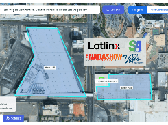 Shared Audiences map interface showing satellite imagery of the Las Vegas Convention Center, outlined target and conversion geofences, and labels for Lotlinx Booth #1027, West Hall, and North Hall.
