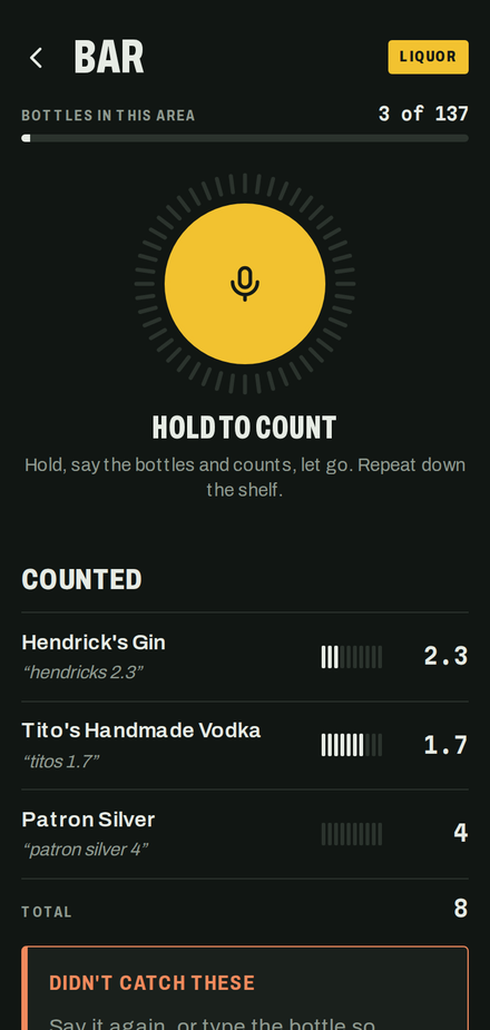 ShelfCall bar inventory counting screen with voice hold-to-count control and counted liquor quantities.