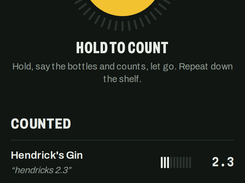 ShelfCall bar inventory counting screen with voice hold-to-count control and counted liquor quantities.