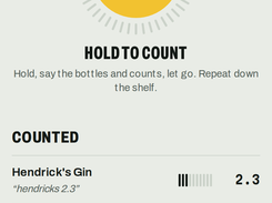 ShelfCall bar inventory counting screen with voice hold-to-count control and counted liquor quantities.