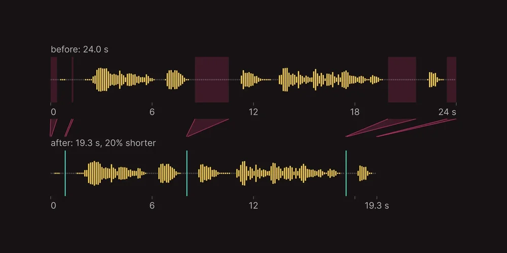 Before-and-after audio waveform diagram showing a 24.0-second clip reduced to 19.3 seconds, with highlighted removed sections.