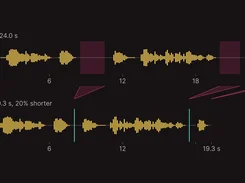 Before-and-after audio waveform diagram showing a 24.0-second clip reduced to 19.3 seconds, with highlighted removed sections.