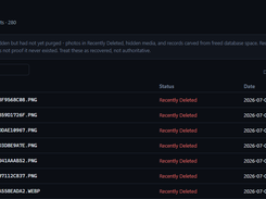 Deleted & Hidden analysis page listing recently deleted photo records with filenames and timestamps.