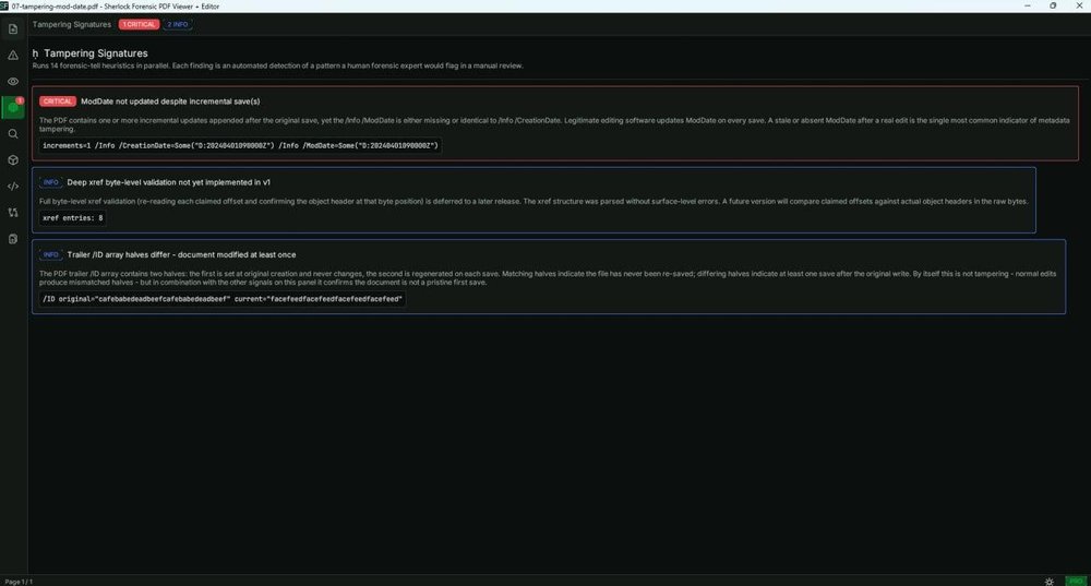 Sherlock Forensic PDF Viewer + Editor showing Tampering Signatures findings for a modified PDF, including ModDate and trailer ID checks.