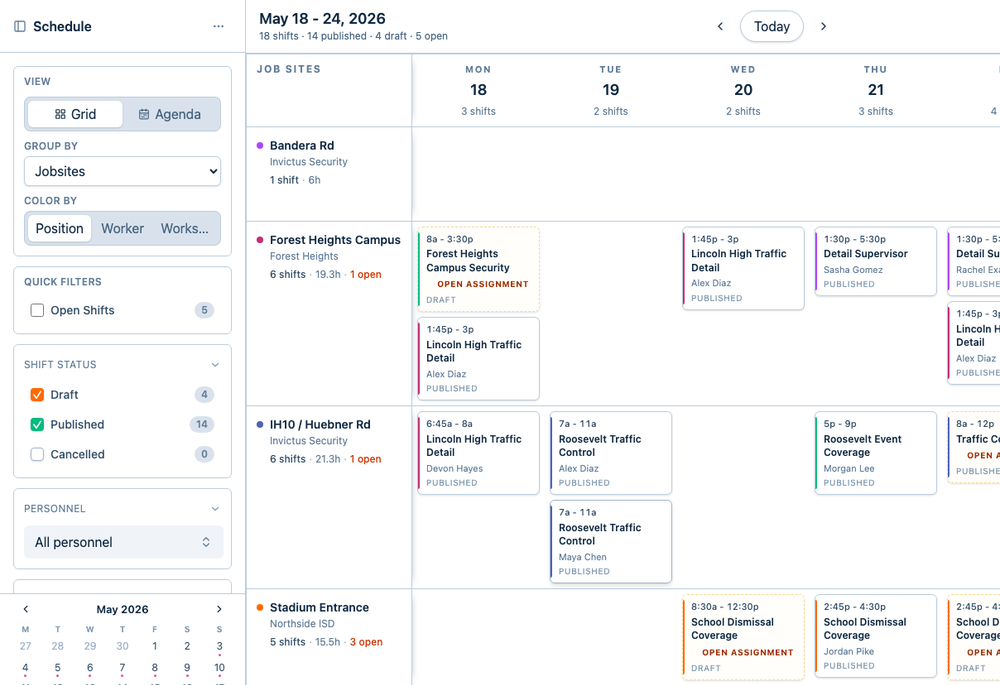 Worksite-based employee schedule with open-shift coverage