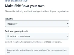 Initial setup form for selecting an organisation's industry and business type.