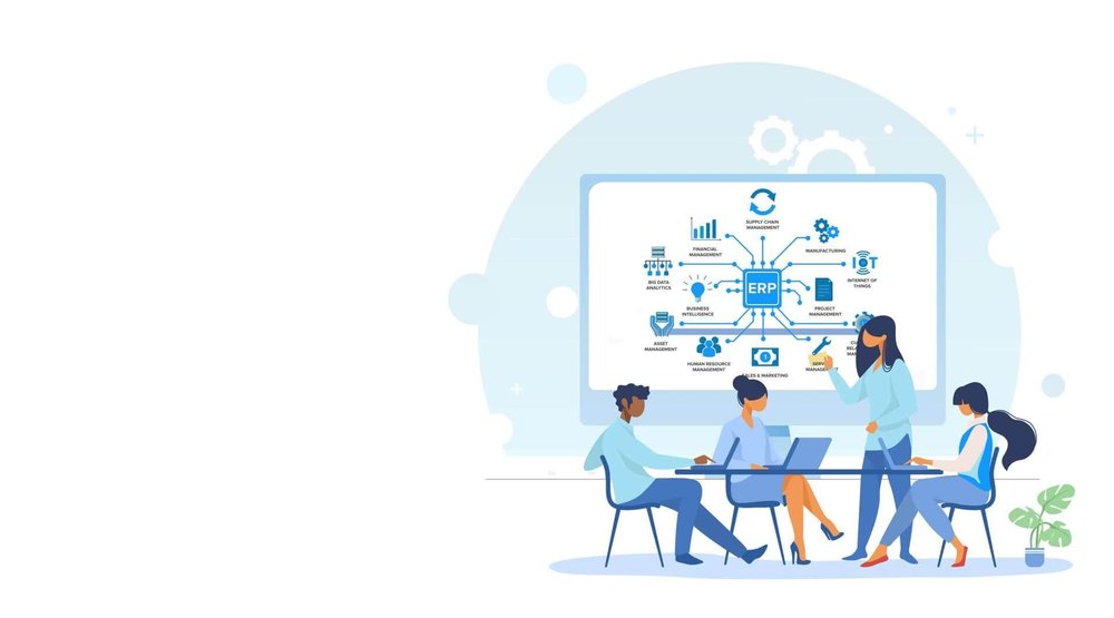 Illustration of a team seated around a table in front of an ERP module diagram labeled with functions such as financial management, manufacturing, supply chain management, human resource management, and Internet of Things.