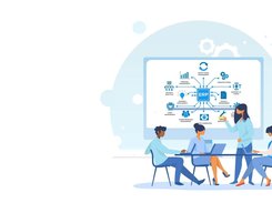 Illustration of a team seated around a table in front of an ERP module diagram labeled with functions such as financial management, manufacturing, supply chain management, human resource management, and Internet of Things.