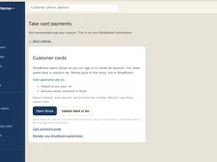 ShopBoard payment settings screen showing customer card-payment status and buttons to open Stripe or update bank or tax details.