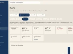 ShopBoard Reports page showing export controls, date-range filters, monthly collection and invoice summary cards, and the top of a collections chart.