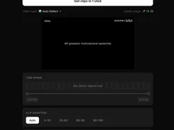 ShortMind video-upload and clipping settings screen showing an uploaded file, video preview, time range, clip duration, and aspect-ratio options.