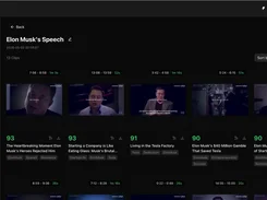 ShortMind project page titled Elon Musk's Speech showing a grid of generated clips with scores, titles, durations, and tags.