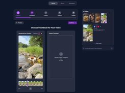 ShortSync desktop interface on the Thumbnail step, showing video thumbnails, a timeline thumbnail selector, a custom-thumbnail upload area, and platform selections.