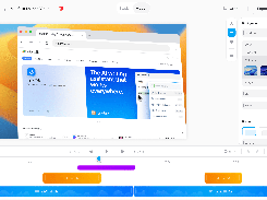 Shotbase’s editor displays a browser-window composition on a canvas, with Motion selected, background controls at right, and a multitrack timeline below.
