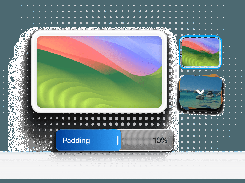 A stylized interface graphic shows a framed image, two thumbnail choices, and a slider labeled “Padding” set to 10%.