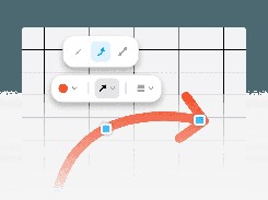 A stylized design grid shows floating formatting controls and an orange curved arrow with blue control points.