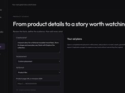 Dark-themed Product Studio interface with a left navigation menu and fields for a creative brief, ad placement, ad format, and product page URL or Amazon ASIN.