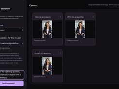 Dark-themed Project assistant and Canvas interface showing three numbered shot cards with presenter video thumbnails, plus an instruction field and Send to assistant button.