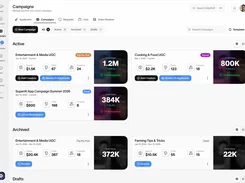 SideShift Campaigns dashboard showing active and archived creator campaigns, spend, post and creator totals, applicant-review buttons, and total-view cards.