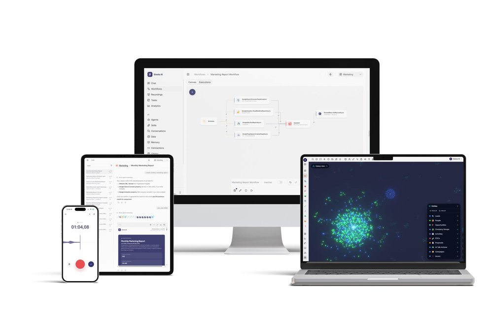 Siesta AI workspace across desktop and mobile, with company context, AI Chat, agents, workflows, recordings, governance, and security in one platform.
