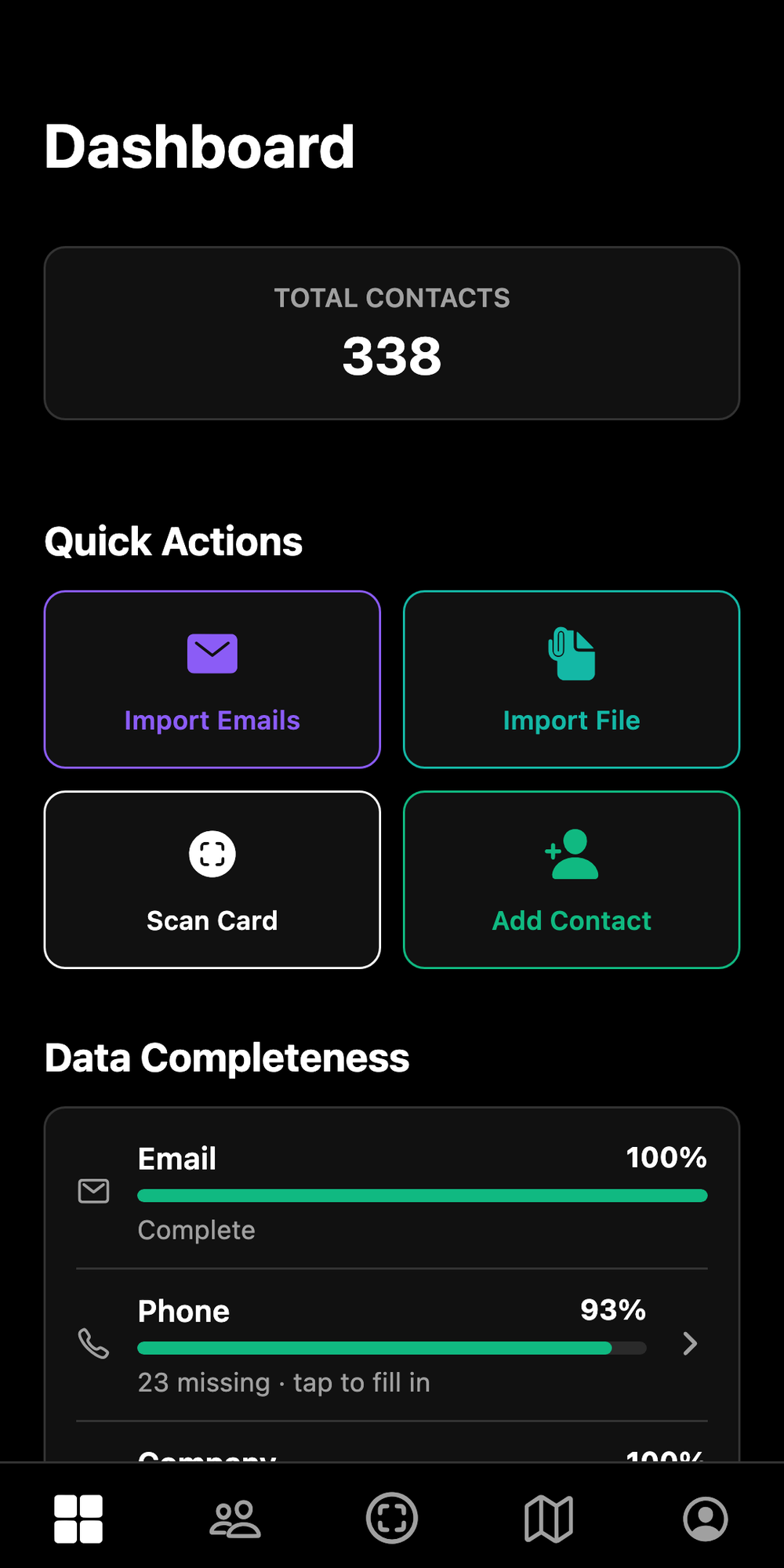 Mobile Sigbot dashboard showing total contacts, quick actions for importing and adding contacts, and data-completeness progress bars.