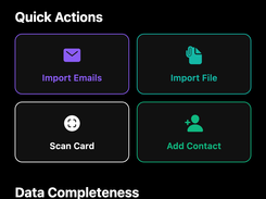 Mobile Sigbot dashboard showing total contacts, quick actions for importing and adding contacts, and data-completeness progress bars.