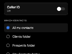 Mobile Sigbot Caller ID and phone sync settings screen with a Caller ID toggle and folder-selection radio buttons.