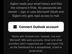Mobile Sigbot Import Emails screen prompting the user to connect an Outlook account and showing email-scan status cards.