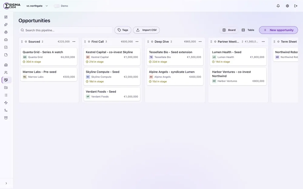 Sigma CRM Opportunities page showing a kanban-style pipeline with opportunity cards, stage columns, search, tags, CSV import, and a New opportunity button.