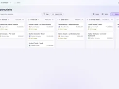 Sigma CRM Opportunities page showing a kanban-style pipeline with opportunity cards, stage columns, search, tags, CSV import, and a New opportunity button.