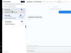 Two-way team inbox: every reply lands in a shared thread with flags, templates and the sending number shown