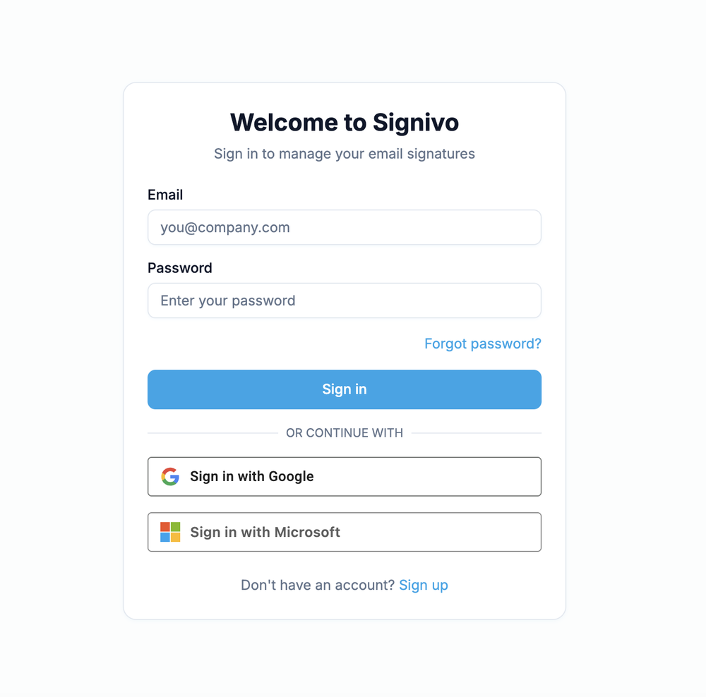 Signivo sign-in page with email and password fields, Sign in button, and Google and Microsoft sign-in options.